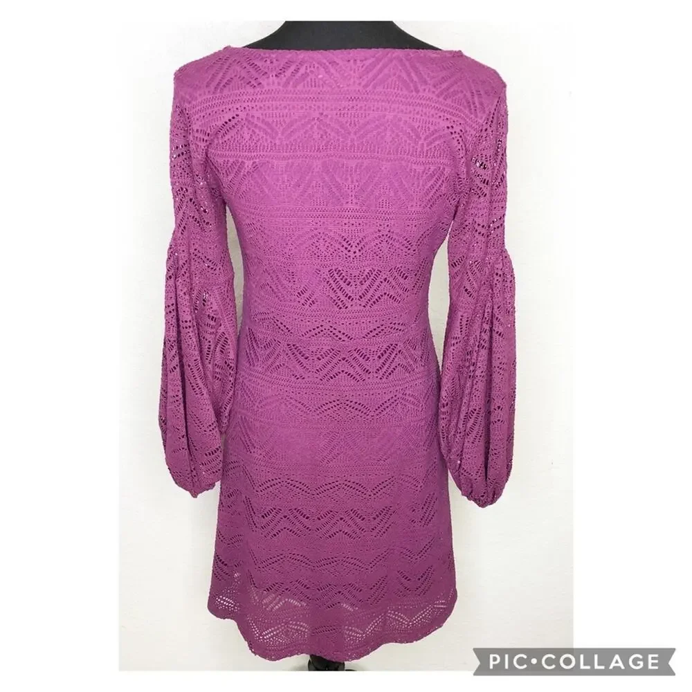 Anthropologie Maeve purple crochet knit overlay balloon sleeve dress Extra Small